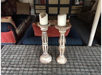 Pair Of Tall Turned Wood Candle Stands