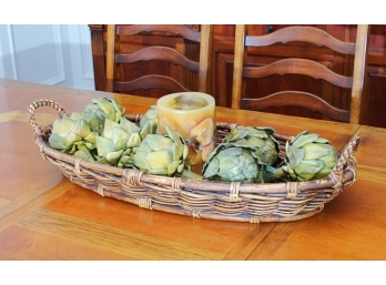 Decorative Wicker Basket Centerpiece With Artichokes And Candle