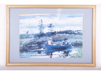 Watercolor Painting Of Outdoorsmen In A Canoe
