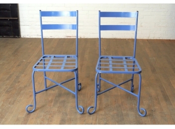 Pair Vintage Wrought Iron Side Chairs, French Blue
