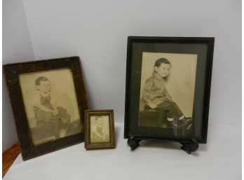 Three Antique Vtg B & W Photographs Little Boy Child, Primitive Wood Picture Frames