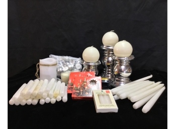 Large Group Of White Candles & Four Candle Holders