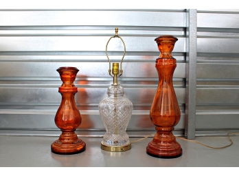 Nice Crystal Table Lamp & Two Amber Glass Candlesticks