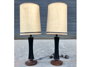 Pair Of Mid Century Modern Wood And Ceramic Table Lamps