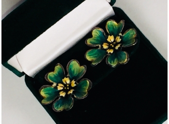 Marked Sterling Hand-Painted Flower Screw-Back Earrings