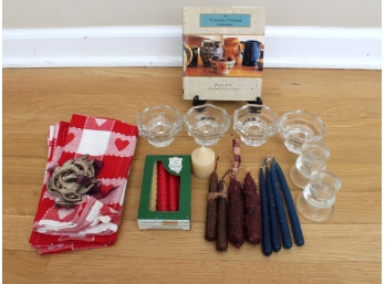 Cute Group Of Candles, French Candle Holders, Napkins & Pottery Book