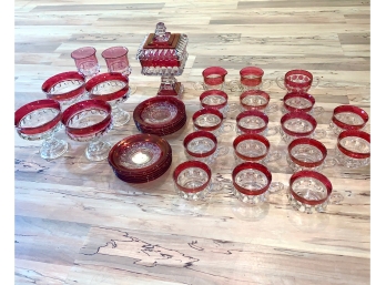 36 Pc. Tiffin-Franciscan -Ruby Band Red Thumbprint Flashed Color Glassware Set