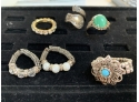 (#204) Sterling 925 Green Stone Ring (1),  Sterling Ring (1) Assortment Of Rings