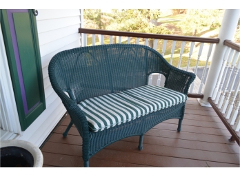Wicker Settee Bench With Green And White Strip Cushions