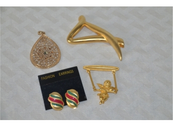 (#112) Costume Pins, Pendant, Clip Earrings