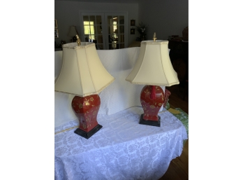Pair Of Ceramic Red Floral Lamps Like New