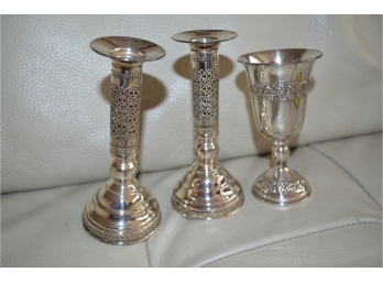 Sterling Silver Candlesticks And Kiddish Wine Cup