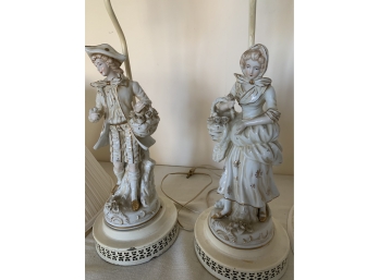 (#141) Pair VTG Victorian Bisque Porcelain Man & Lady Figurine Table Lamps 27' H With Shades