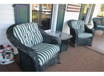Two (2) Wicker Rocker Chairs With Glass Top Wicker Base And Cushions (see Details)