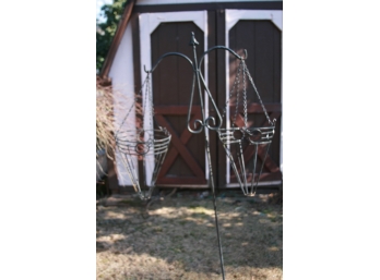 (#100)  Double Shepards Hook With 2 Metal Hanging Baskets