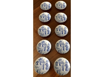 Set Of Ten Blue & White Japanese Porcelain Plates - Hand Signed On Base - 4.50' Diameter