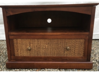 Wooden Media Cabinet With Drawer -  Wonderful Grass Cloth Or Woven Rattan Front