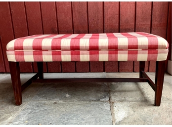 Red And White Fabric Covered Bench.  Approx 40 X 20 X 18h