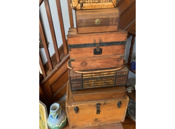 STACK OF FIVE VINTAGE WOOD BOXES / TRUCKS - DECORATIVE PILE APPROX. 5' TALL