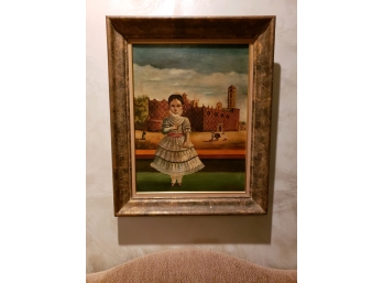 AGAPITO LABIOS (1898-1996) MEXICAN FOLK ART ORIGINAL OIL PAINTING OF GIRL IN FRONT OF CASTLE- 24' BY 18.5'