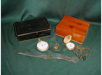 2 Pocket Watches, Elgin & NHM, 2 Boxes, Letter Opener, Commerative Coin  (244)