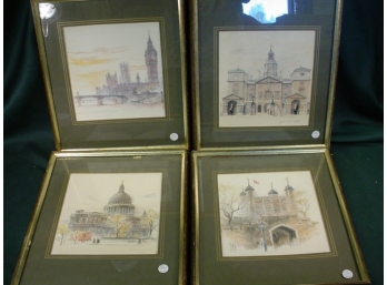 4 Framed Drawings Of English Scenes, Med Stage, 12'x 15'   (200)