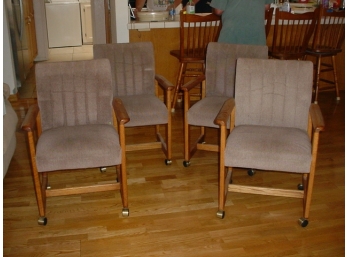 Set Of 4 Oak Upholstered Chairs On Wheels  (124)