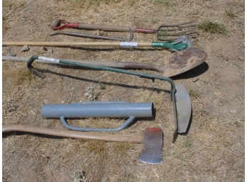 Yard Tools: Ax, Post Hole  Digger, Edger, Shovel, Crow Bar, Pitch Fork  (147)