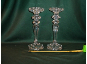 Very Heavy Crystal Glass Candlestick Holders, One Repaired  (210)