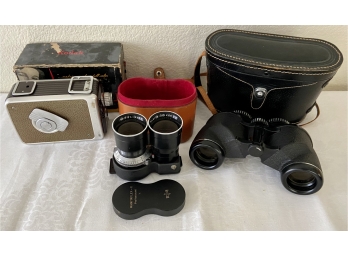 Mamiyaflex-C Lens With Case And Cover, Kodak Brownie Movie Camera With Original Box, Tasco Binoculars & Case