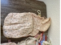 Lot Of Vintage And Antique Doll Clothes And Doll, Small Hangers, And Bottles.