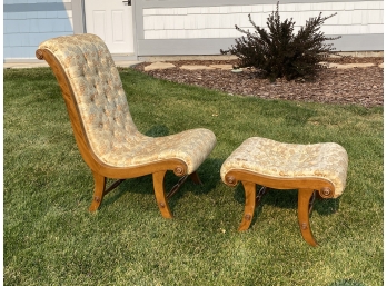 Gorgeous Vintage Floral Pattern Brocade Upholstered Chair And Matching Footstool