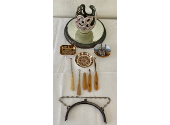 Victorian Round Mirrored Tray, Purse Frame, Dresser Ivory France Dupont Manicure Set & Royal Crown Derby
