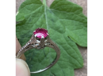 Dainty Art Deco White Gold Ornate Ring With Pink Toned Sapphire Stone & Fleur De Lis Detailing