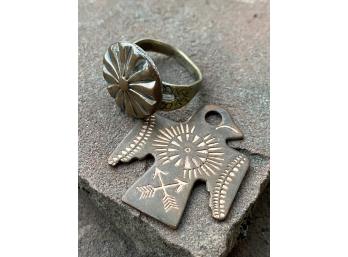 Pair Of Fred Harvey Era Jewelry Pieces Including Ring And Copper Thunderbird Keychain/Pendant