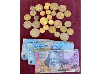 Lot Of Coins And Bills From New Zealand