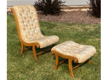 Beautiful Vintage Floral Pattern Brocade Upholstered Chair And Matching Footstool