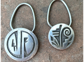 Pair Of Two Gorgeous Navajo Native American Key Rings With Tribal Patterns Signed Bennett