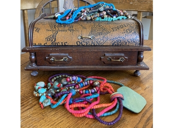 Wooden 'Treasure Box' Jewelry Box With Stone And Costume Jewelry