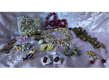 Lot Of Costume Jewelry With Clip On Earrings And Large Necklaces