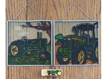 Pair Of 2 Small Stained Glass John Deere Tractors On Chains With John Deer Pocket Knife