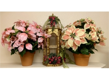 Christmas Decor Two Planters With Poinsettias & One Gold Bird Cage