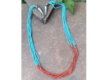 STUNNING Turquoise & Coral Multi-String Native American Necklace With Stamped Bench Beads & Cones
