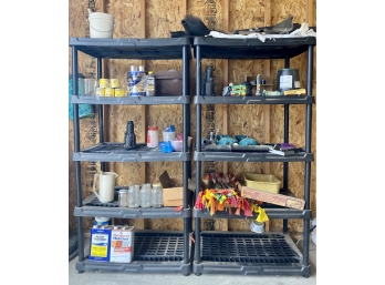 Two Plastic Garage Shelves With Contents!