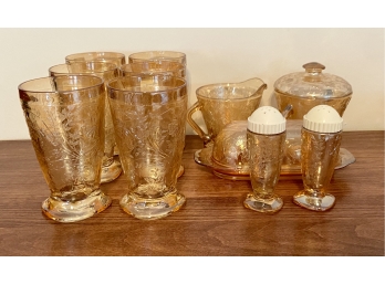 (6) Amber Glass Cups With Salt & Pepper, Lidded Butter Dish, And Cream & Sugar
