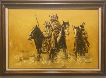 Original Oil Painting Featuring 3 Mounted Native Americans Signed Apache
