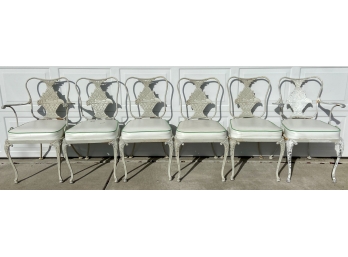 (6) White Painted Wrought Iron Patio Chairs Two Of The  Chairs Are Captains Chairs All Have Cushions
