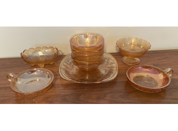 Collection Of Amber Glass Including Pedestal Bowl, Plate, Small Bowls, & More