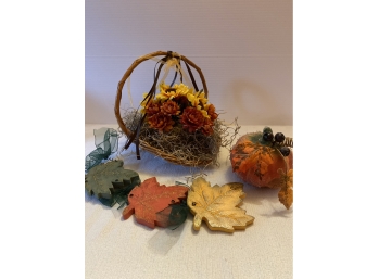 Fall Colors Lot, Leave Wall Hanging, Floral Arrangement And Pumpkin
