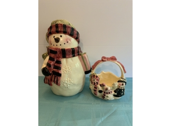 Snowman Cookie Jar And Candy Dish- Snowman Lid Has Chip, And Chipped Paint In Places-see Pictures